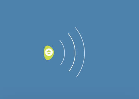A green button is on the side of a blue background.