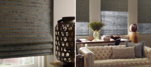 A living room with two different shades of blinds.