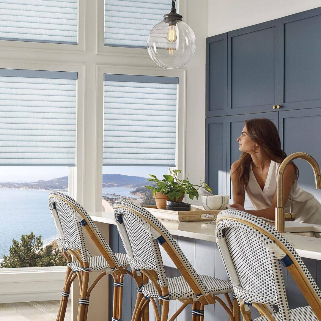 coastal kitchen with blue pleated shades