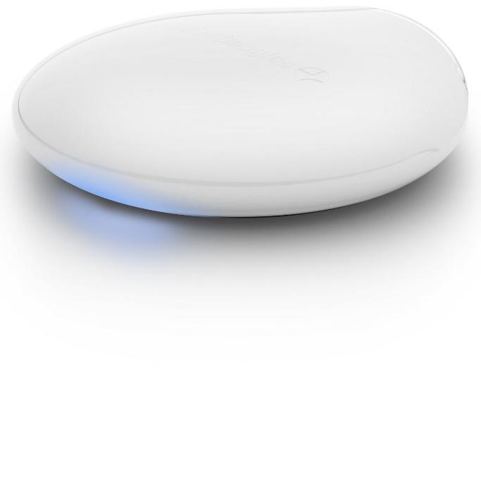 A white plate with blue lights on top of it.