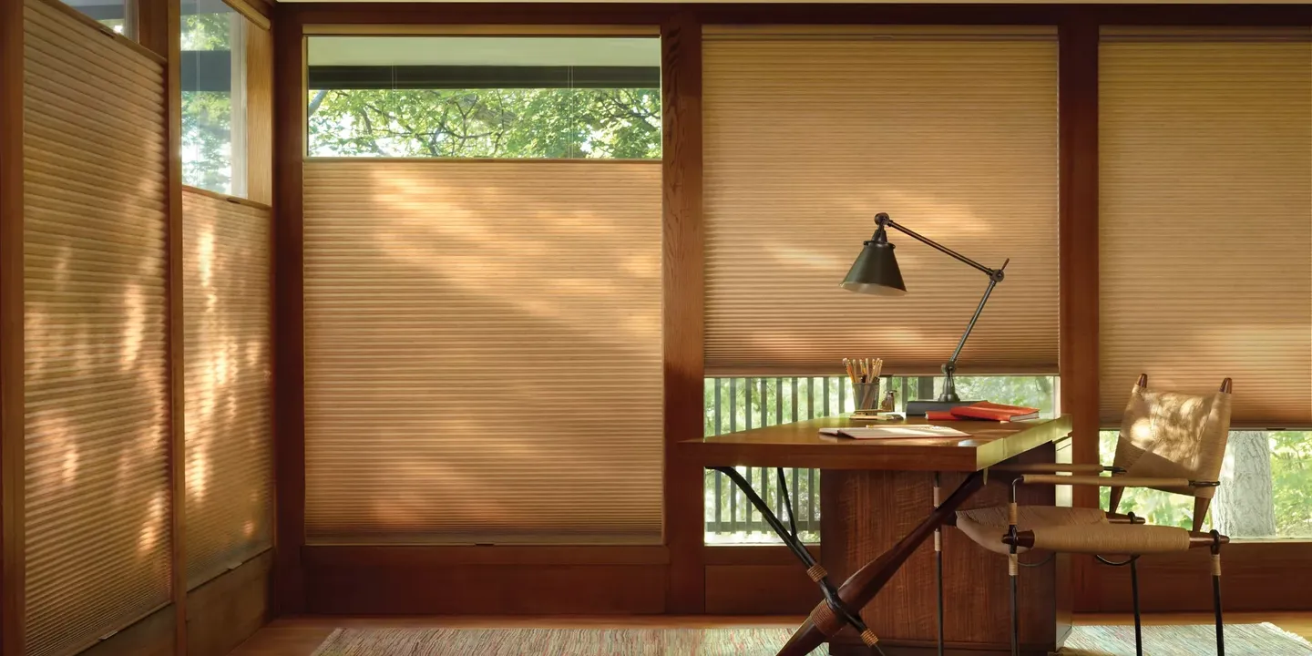 A room with a desk and some blinds